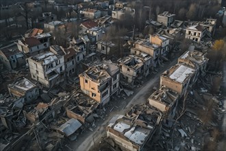 Aerial perspective of destroyed village ruins with crumbling building structures, AI generated