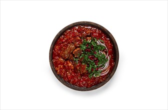 Chashushuli, a traditional Georgian dish, spicy, stewed meat with tomatoes and spices, homemade, no