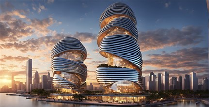 Modern skyscraper design concept showcasing the spiral patterns found in seashells, AI generated