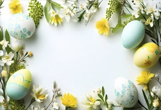 Easter card with delicate hand-drawn illustrations, placed among fresh flowers and decorated eggs,