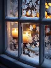 Snow-covered window with frost patterns, candlelight softly glowing through the glass, and warm,