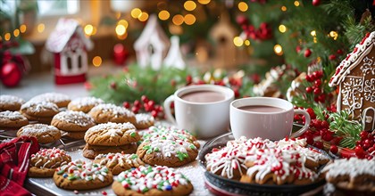 Kitchen counter filled with Christmas cookies, gingerbread houses, and mugs of hot chocolate, with