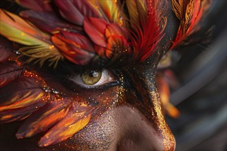 Close up of woman's eye with Halloween phoenix bird costume makeup with feathers. Generative Ai, AI