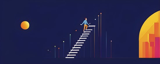 Vector illustration of a person going upstairs as symbol for self growth and personal development,