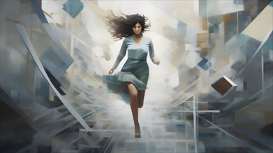 Abstract illustration in geometric shapes of a woman in hurry, AI generated