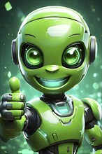 Friendly smiling green robot with a thumb up symbolizing artificial intelligence, AI generated