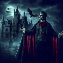 Mythology, the vampire Count Dracula in front of a cemetery with bats and his castle, AI generated,