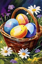 Abstract illustration of of vibrant-colored Easter eggs in a wicker basket, surrounded by delicate