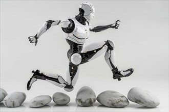 Futuristic humanoid cyborg running and jumping over rocks in front of a white background, AI