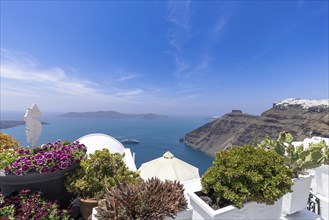 Greece Islands, scenic panoramic sea views of Santorini island from top outlook of Fira village