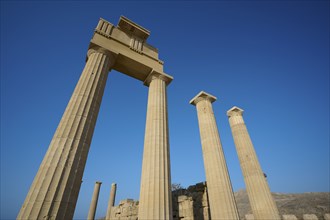 Super wide angle shot, Acropolis of Lindos, morning light, Temple of Athena Lindia, Lindos, Rhodes,