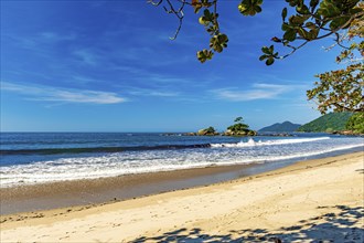 Rmote wild beach of Castelhanos and its paradisiacal tropical landscape on the island of Ilhabela