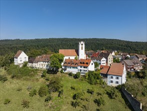 Aerial view of the old town and St Nicholas church, Aach im Hegau, Constance district,