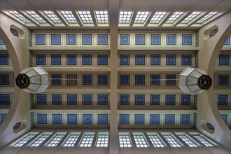 Vaulted ceiling in the fountain house with decorative fountain, Kissingen spa, inaugurated in 1842,