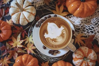 Top view of seasonal pumpkin spice latte with Halloween ghost shaped latte art. Generative Ai, AI