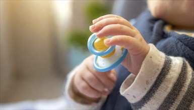 A baby's hand holds a blue dummy in close-up, conveys care and security, AI generated, AI generated