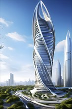 Modern skyscraper design concept showcasing the spiral patterns found in seashells, AI generated