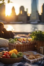 Picnic scene with healthy food and snacks in a urban scenery with skyline in background, AI