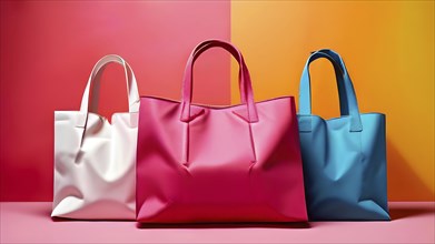 Assorted vibrant shopping bags lined up in front of a colored background, AI generated