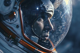 Close up of man in astronaut suit with helmet. Generative Ai, AI generated