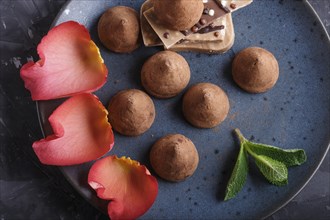 Chocolate truffle on blue ceramic plate on black concrete background decorated with rose petals.