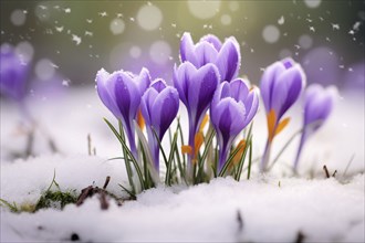 Violet crocus spring flowers in snow. KI generiert, generiert AI generated