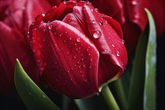 Close up of red tulip spring flower with water drops. KI generiert, generiert AI generated