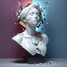 3d rendering of broken bust with illumination against colored background, AI generated