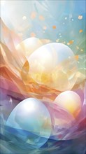 Easter-inspired abstract artwork with layered, translucent egg shapes overlapping with bursts of