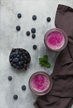 Smoothie, drink, in glass glasses, blueberry, homemade, breakfast, top view, no people