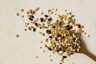 Wooden spoon, with an assortment of legumes, beans, peas, top view, on a light background