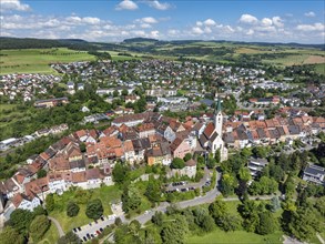 Aerial view of the town of Engen in Hegau with the historic old town, district of Constance,