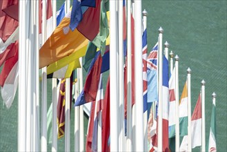 Many flags in front of the United Nations Conference Centre, Bangkok, Thailand, Asia