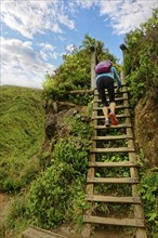 Person climbing up a wooden staircase surrounded by green vegetation, clear sky and clouds, crater