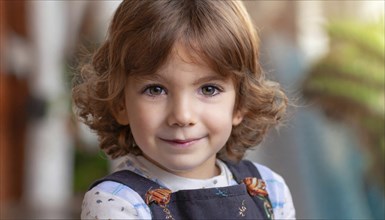 A smiling girl with curly hair wears dungarees and a polka-dot shirt, plants can be seen in the