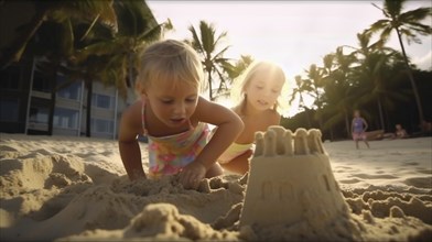 Vacationing children having fun on the beach playing in the sand, generatvie AI, AI generated