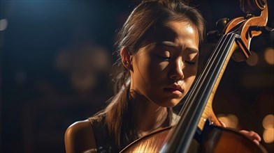 Young asian girl playing her cello at the concert hall under dramatic lights, generatvie AI, AI