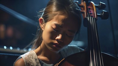 Young asian girl playing her cello at the concert hall under dramatic lights, generatvie AI, AI