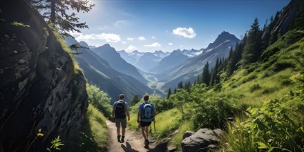 Group of friends hiking on a scenic mountain trail, AI generated