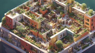 3d render of a compact community of interconnected artists studios in co living, AI generated