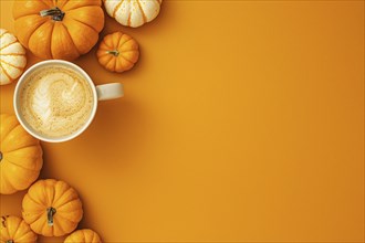 Pumpkins and pumpkin spice latte on orange background with copy space. Generative Ai, AI generated