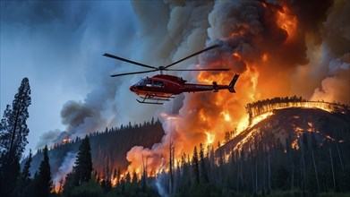 Firefighter helicopter combating forest fire dispersing water over the inferno, AI generated