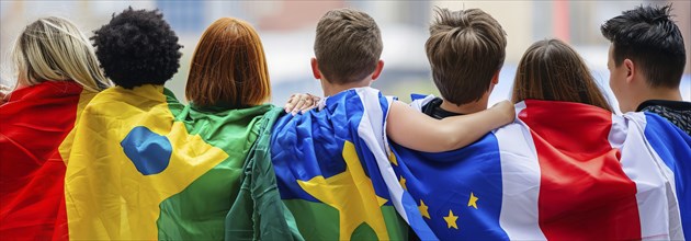 Patriotic people wrapped in international flags to show unity during times of political crisis, AI