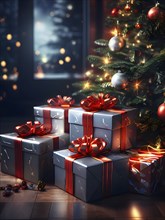 Beautiful wrapped Christmas gifts with shiny ribbons and bows stacked under a evergreen tree in a