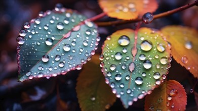 Water droplets on vibrant colored autumn leaves, AI generated