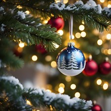 Christmas ornament hanging on a tree, with reflections of twinkling lights and fireplace flames