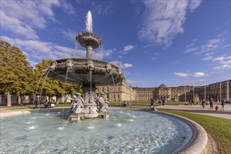 Palace square with New Palace. Fountain with fountain bowl. Place of interest in Stuttgart,