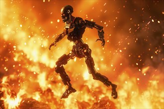 Futuristic humanoid robot running and jumping through an apocalyptic fire, AI generated