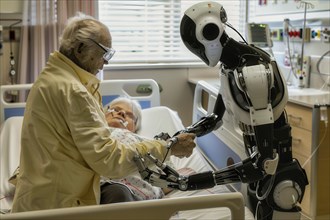 Futuristic humanoid cyborg taking care of elderly people in a hospital, AI generated