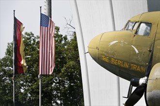 Douglas DC-3 C-47 aeroplane, The Berlin train at the Airlift Memorial, Frankfurt Main Airport,